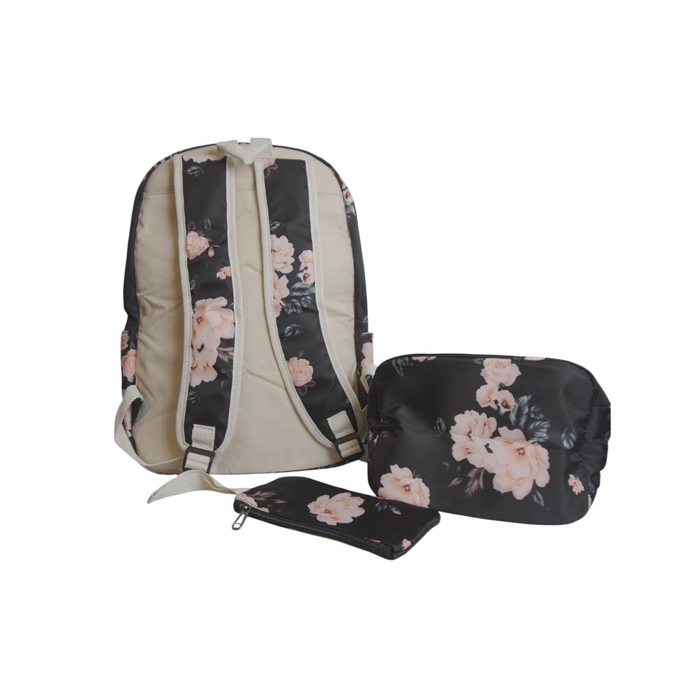 Black Floral Backpack Lunch Bag Pencil Case 3 Pc Set 14” Laptop School NWOT - Picture 6 of 16